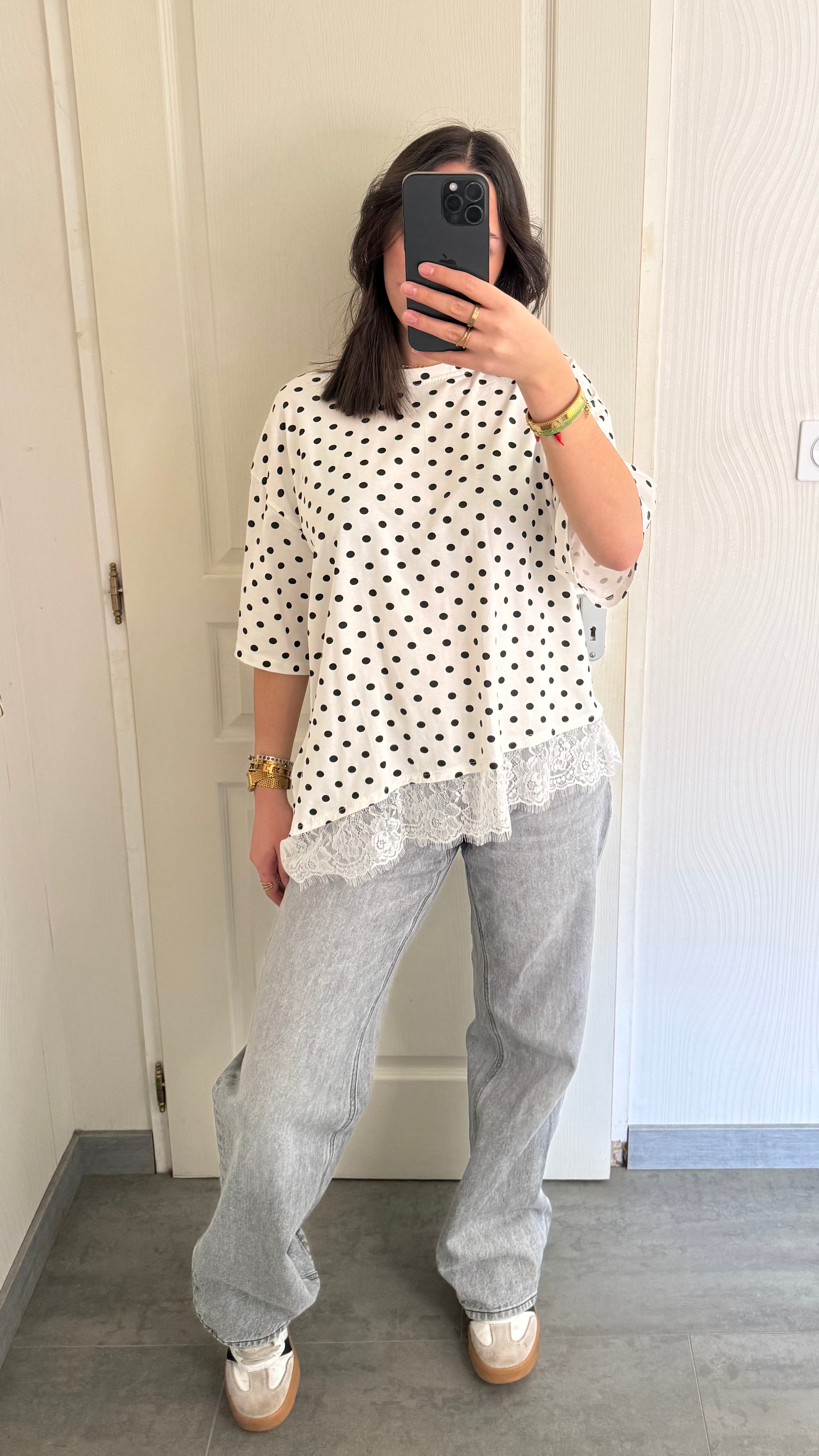 tee-shirt asymétrique dentelle pois