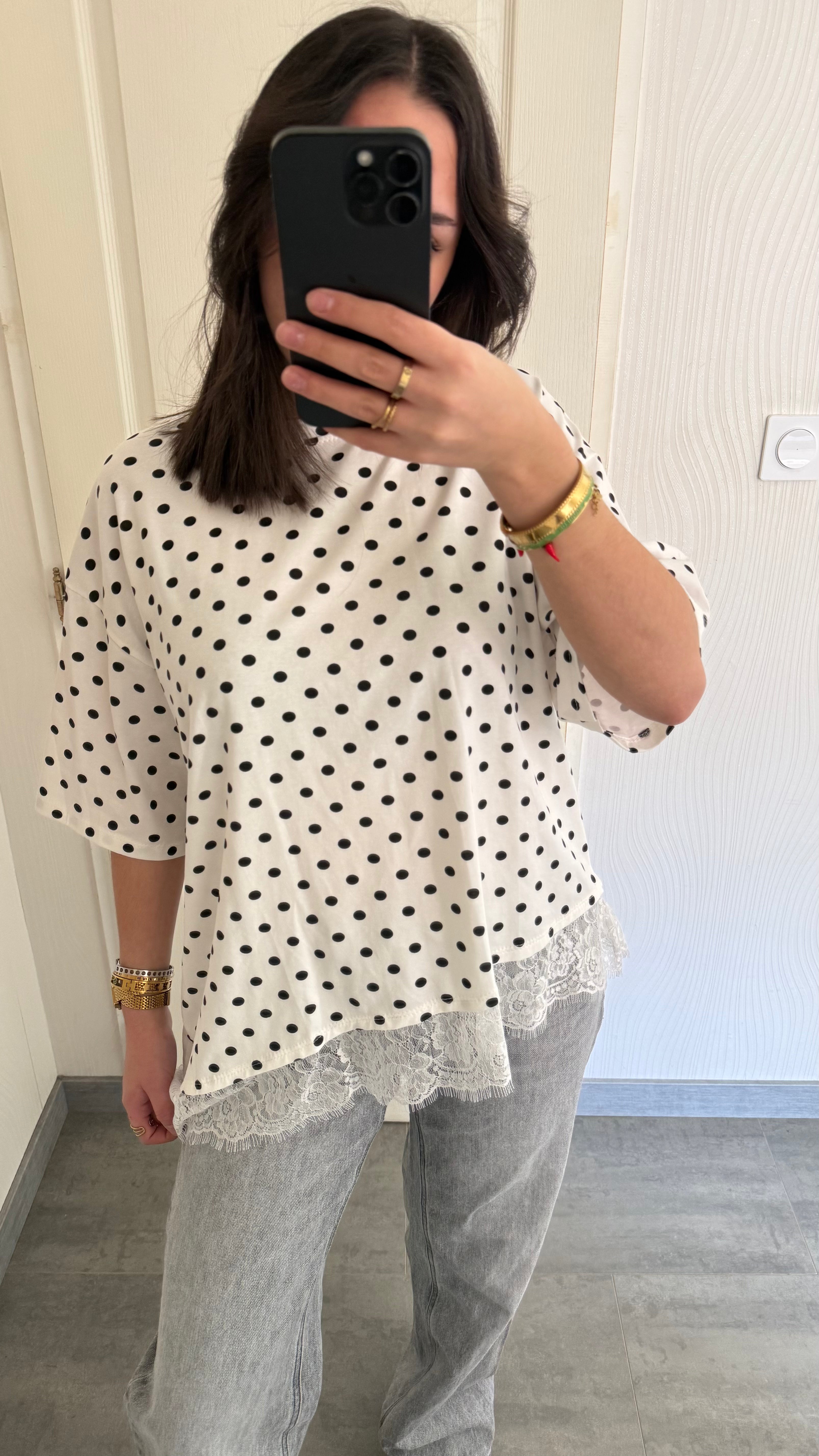 tee-shirt asymétrique dentelle pois